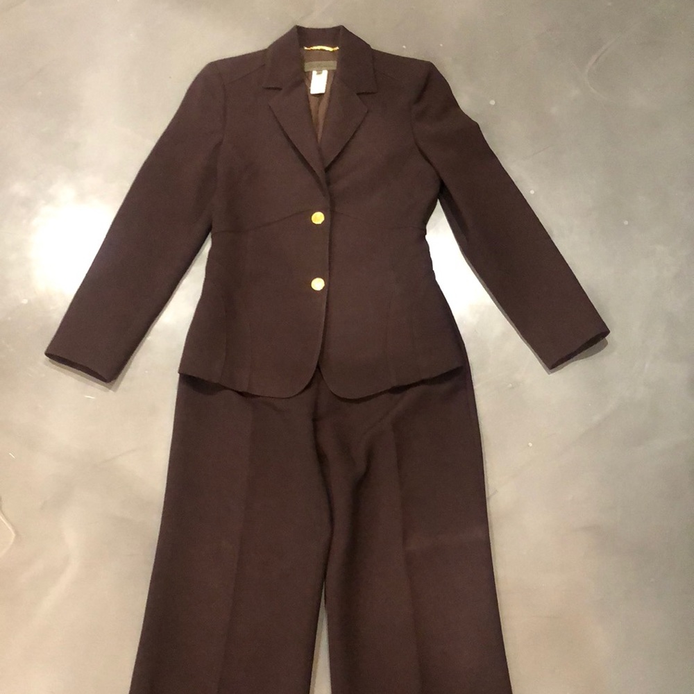 Les Copains chocolate brown pantsuit/gold buttons